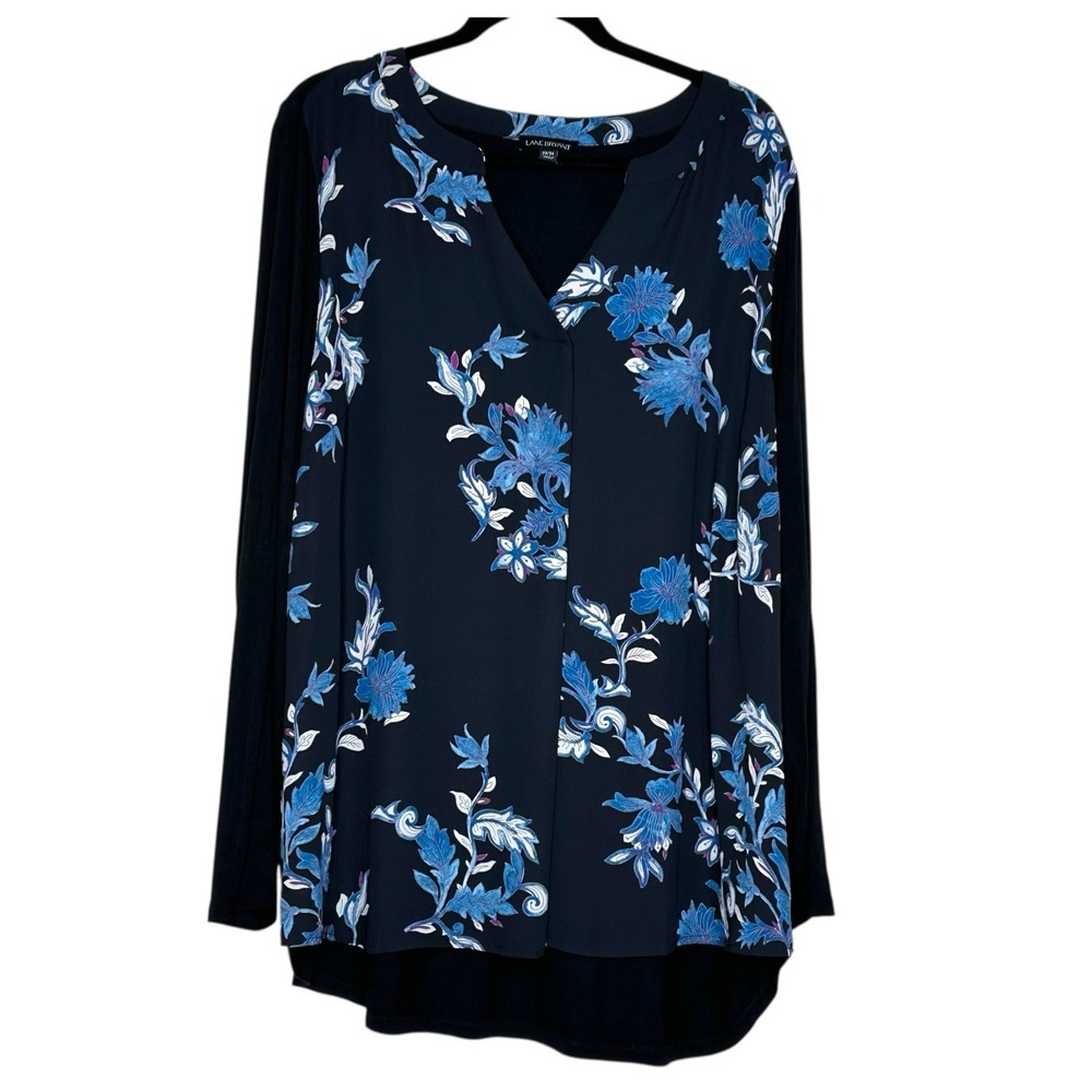 Lane Bryant Women's 22/24 Top Black Blue Floral Mixed Tunic Long Sleeve Slimming